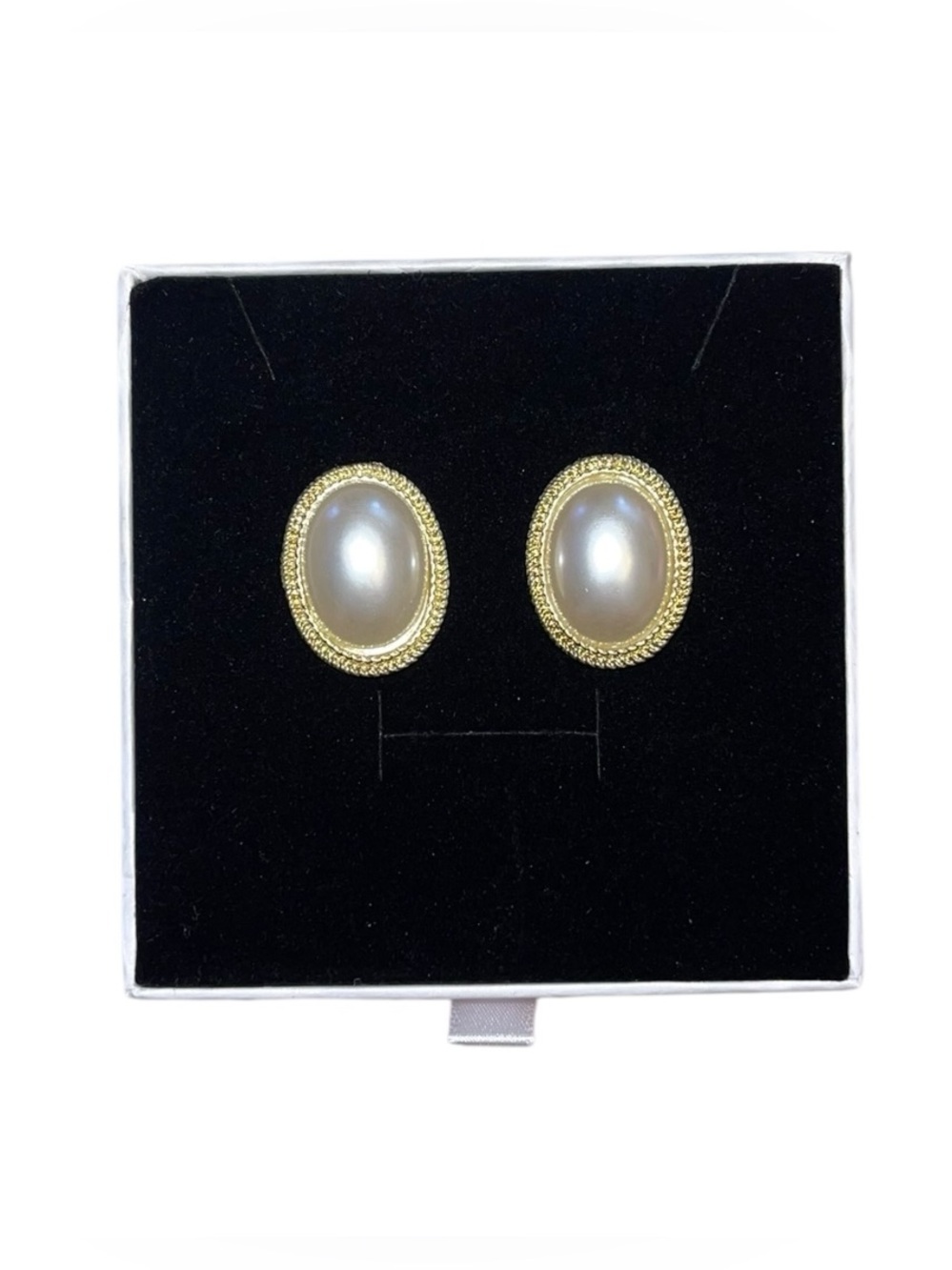 Oval Faux Pearl Cabochon Earrings with Gold Rope Trim - 4 for $30